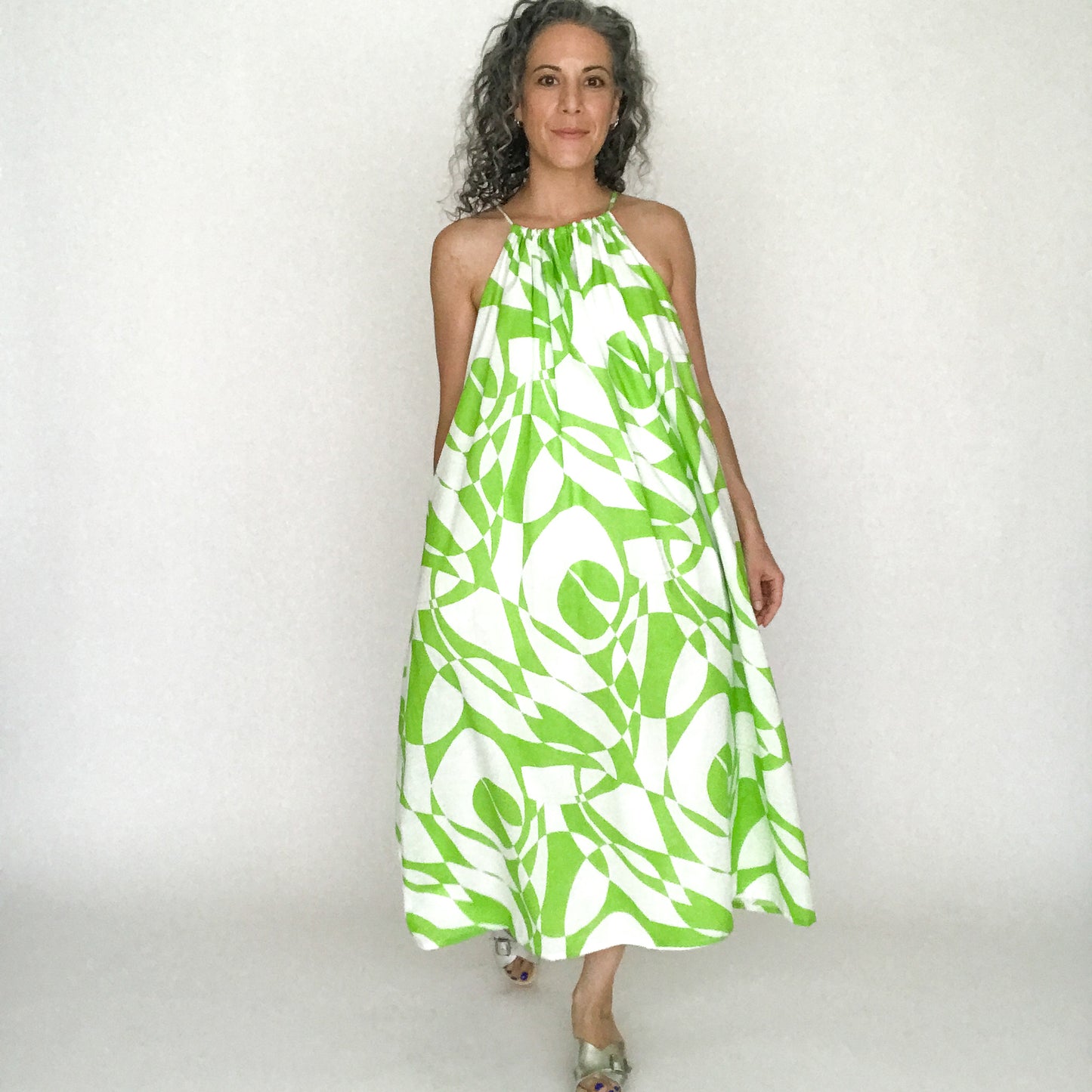 Deadstock Green and White Geometric Print Cotton Fabric