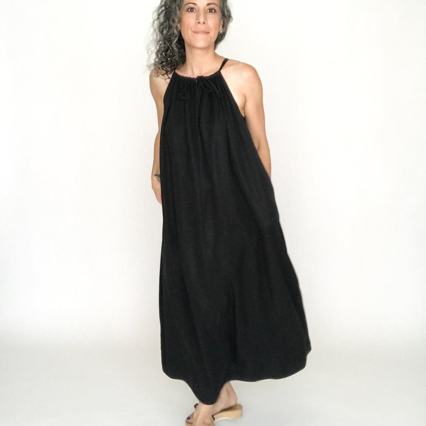 House of Lu Summer House Dress in Black Tencel in Size L/XL. Worn backwards with tie at front.  