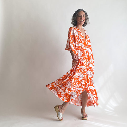 Diana Caftan in Color Number 47, an orange and white vintage floral print in a vintage acetate fabric.  